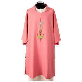 Pink dalmatic embroidered with cross, flame, Alpha and Omega