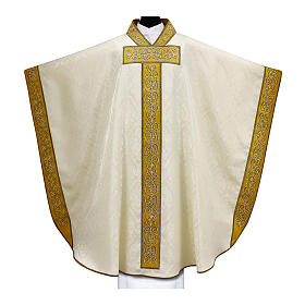 Damask chasuble with Tau cross, gold embroidered central band and sleeves