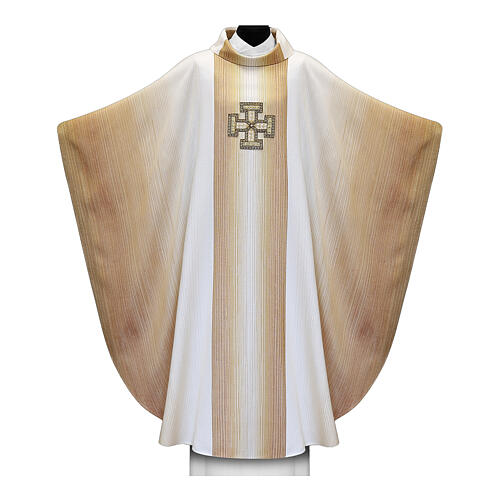 Golden gradient chasuble with pure handwoven wool cross trimmings 1