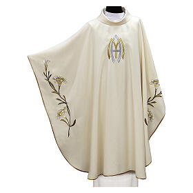 White polyester Marian chasuble with lily pattern on the sleeves
