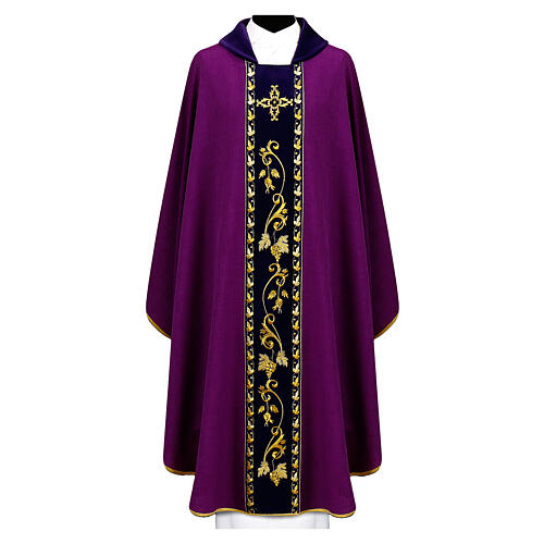 Chasuble bande centrale velours broderie feuilles de vigne dorées 7