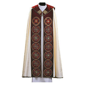 White damask clergy cope with red velvet rosette effect embroidery