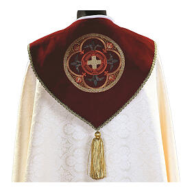 White damask clergy cope with red velvet rosette effect embroidery