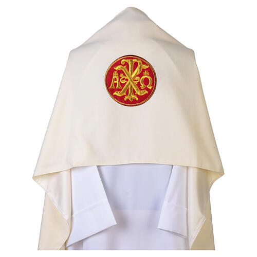 Humeral veil with Chi-Rho on red background and golden stitching 1