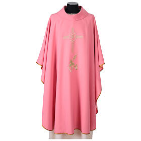 Pink chasuble with IHS, cross, grapes and wheat in polyester