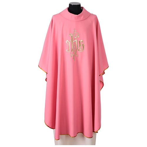 Pink chasuble machine embroidery gold color IHS 1