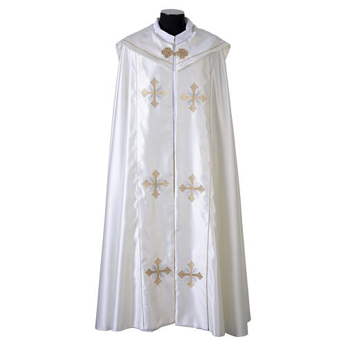 Capa pluvial litúrgica cruz bicolor plata y oro motivo abanico 1