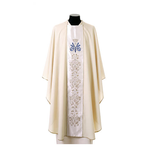 Casulla con franja de viscosa y lana bordados marianos y arabescos florales 1