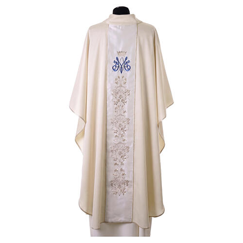 Casulla con franja de viscosa y lana bordados marianos y arabescos florales 4