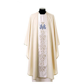 Chasuble à bande centrale en viscose et laine, broderies mariales et arabesques florales
