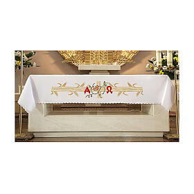 Mantel de altar 165x300 cm espigas doradas y uva roja.