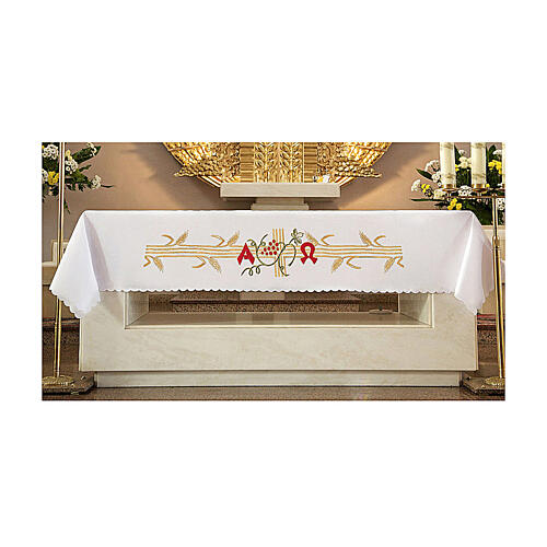 Mantel de altar 165x300 cm espigas doradas y uva roja. 1