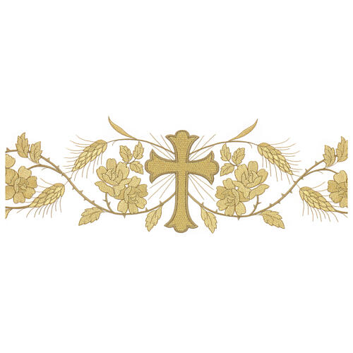 Mantel de altar 165x300 cm detalles bordados dorados flores y cruz central 2