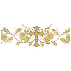 Toalha de altar 165x300 cm bordados dourados, flores e cruz central
