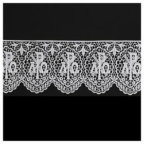 White macramé lace with scallop, Chi-Rho Alpha and Omega, 14 cm, euro/m