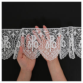 White macramé lace with scallop, Chi-Rho Alpha and Omega, 14 cm, euro/m