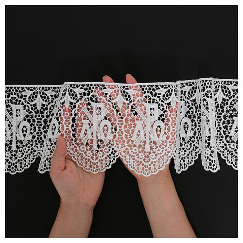 White macramé lace with scallop, Chi-Rho Alpha and Omega, 14 cm, euro/m 2