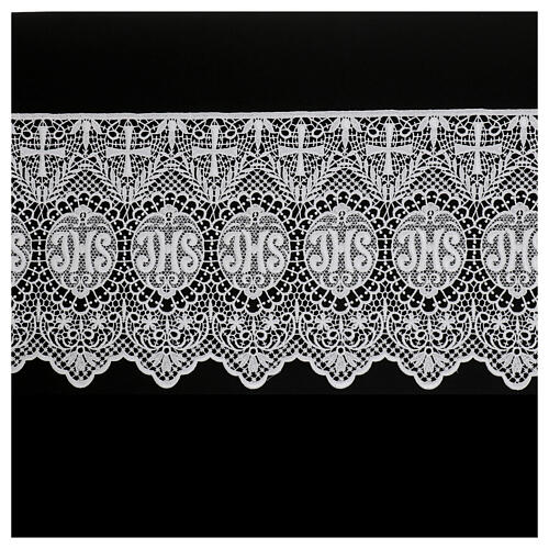 White macramé lace with JHS, cross and spikes, 26 cm, euros/m 1