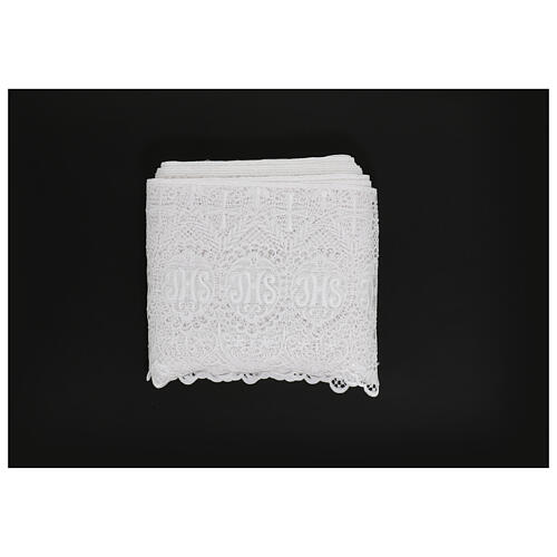 White macramé lace with JHS, cross and spikes, 26 cm, euros/m 3