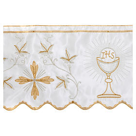 Border satin trim with embroidery of golden and silver chalice and JHS 21 cm euros/m