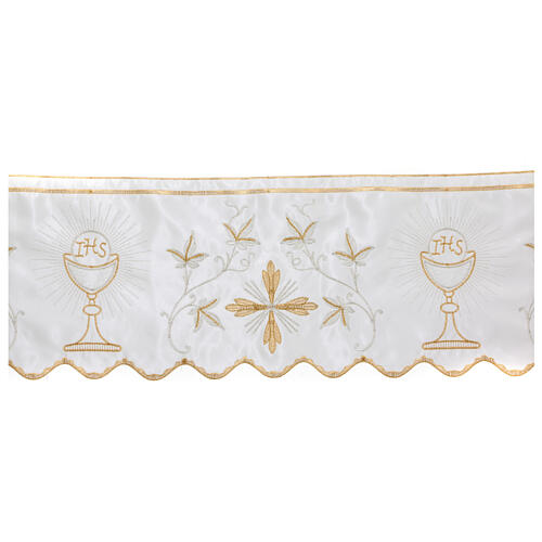 Border satin trim with embroidery of golden and silver chalice and JHS 21 cm euros/m 1