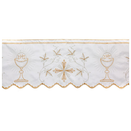 Border satin trim with embroidery of golden and silver chalice and JHS 21 cm euros/m 5