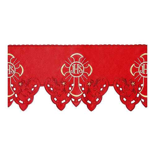 Renda toalha de altar vermelha cruzes JHS h 22 cm 1