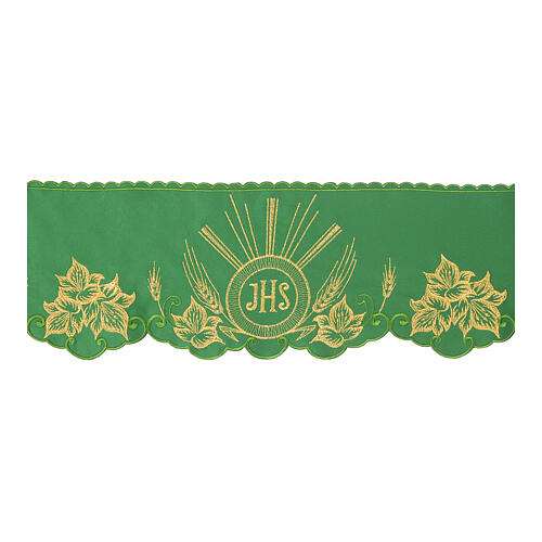 Green border for altar tablecloth, embroidery of JHS and leaves, h 6 in 1