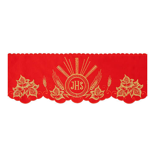 Red border for altar tablecloth, embroidery of JHS and leaves, h 6 in 1
