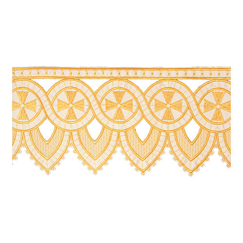 Cutwork border for altar tablecloth, golden crosses on white fabric, h 10 in 1