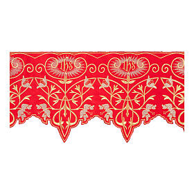 Red altar tablecloth border with JHS and white flowers, h 10.5 in