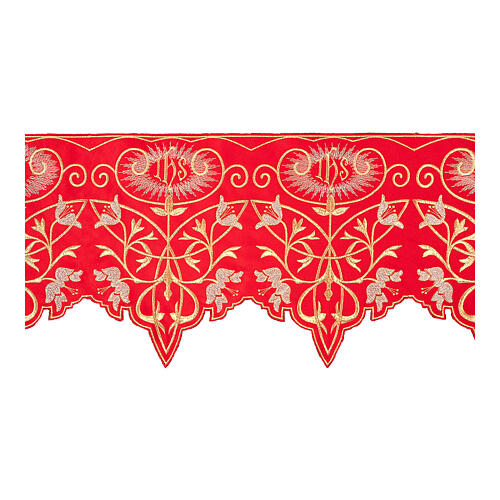 Red altar tablecloth border with JHS and white flowers, h 10.5 in 1