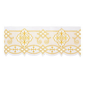 White altar tablecloth border with golden embroidery, crosses and cut-out pattern, h 3.5 in