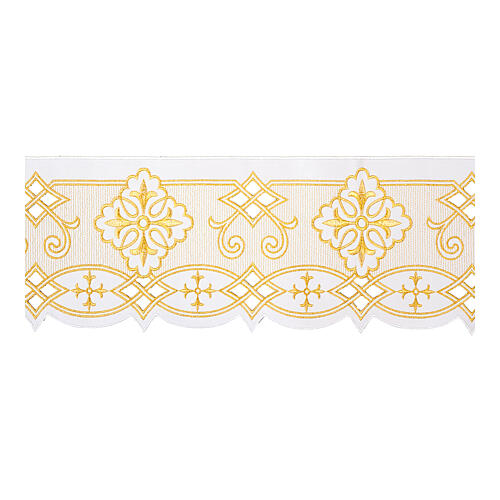 White altar tablecloth border with golden embroidery, crosses and cutwork pattern, h 3.5 in 1