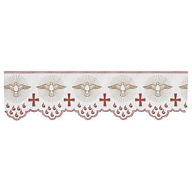 White altar tablecloth border with doves, red crosses and flames, h 12 in