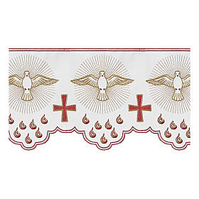 White altar tablecloth border with doves, red crosses and flames, h 12 in