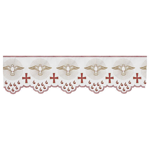 White altar tablecloth border with doves, red crosses and flames, h 12 in 1