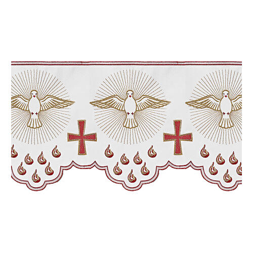 White altar tablecloth border with doves, red crosses and flames, h 12 in 2