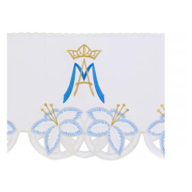Marian border for altar tablecloth, initials and blue flowers on white fabric, h 10 in