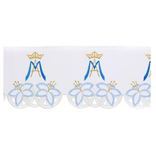 Marian border for altar tablecloth, initials and blue flowers on white fabric, h 10 in 1