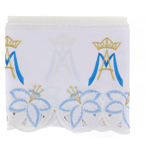 Marian border for altar tablecloth, initials and blue flowers on white fabric, h 10 in 3