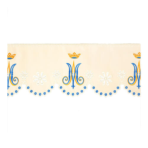 Marian border for altar tablecloth, initials and cutwork flowers on white fabric, h 8 in 1