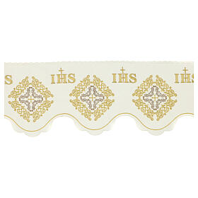 Bordure couleur ivoire nappe d'autel avec JHS et croix h 19 cm