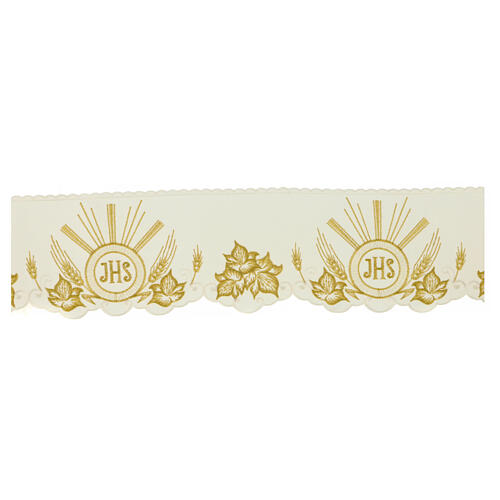 Ivory-coloured border for altar tablecloth, JHS and leaves, h 6 in 1