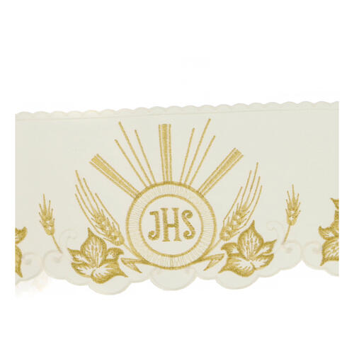 Ivory-coloured border for altar tablecloth, JHS and leaves, h 6 in 2