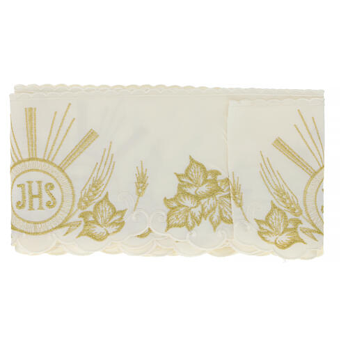 Ivory-coloured border for altar tablecloth, JHS and leaves, h 6 in 3