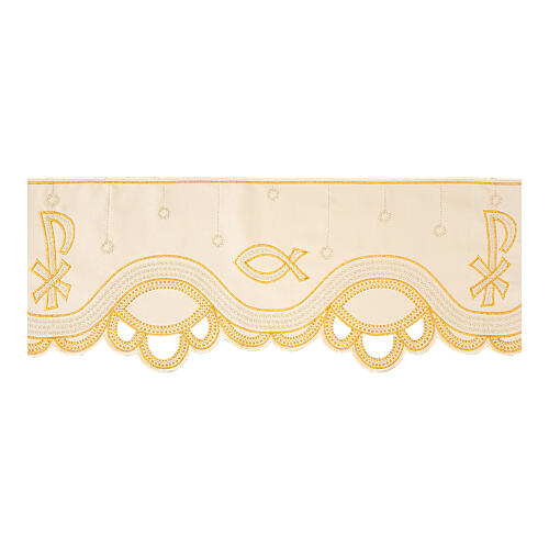 Ivory-coloured border for altar tablecloth, stylised fish and Chi-Rho, h 8 in 1