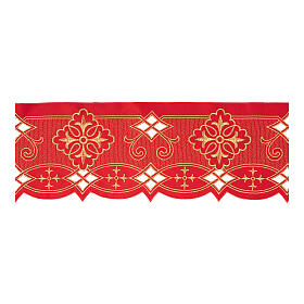Altar cloth trim, h 3.5 in, red fabric with golden crosses and geometric pattern