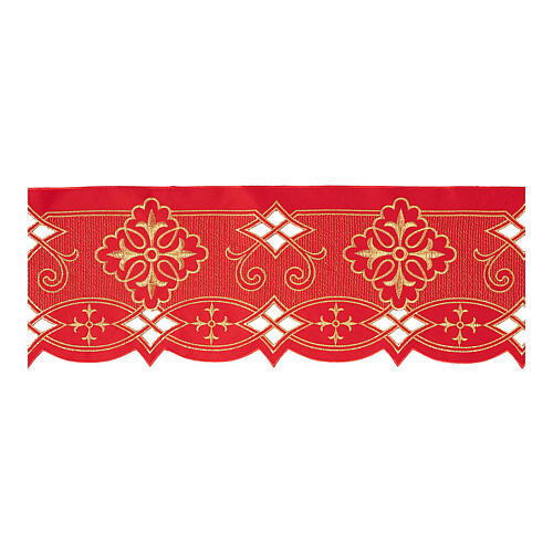 Altar cloth trim, h 3.5 in, red fabric with golden crosses and geometric pattern 1