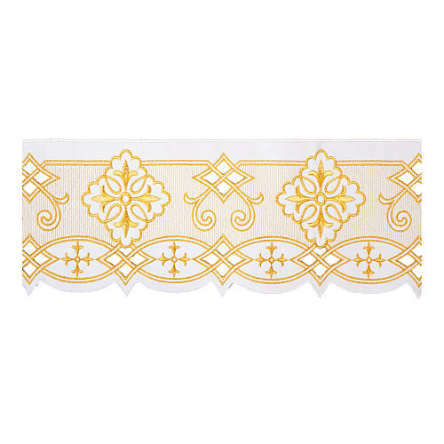 Altar cloth trim, gold and white, h 3.5 in, crosses and geometric pattern 1